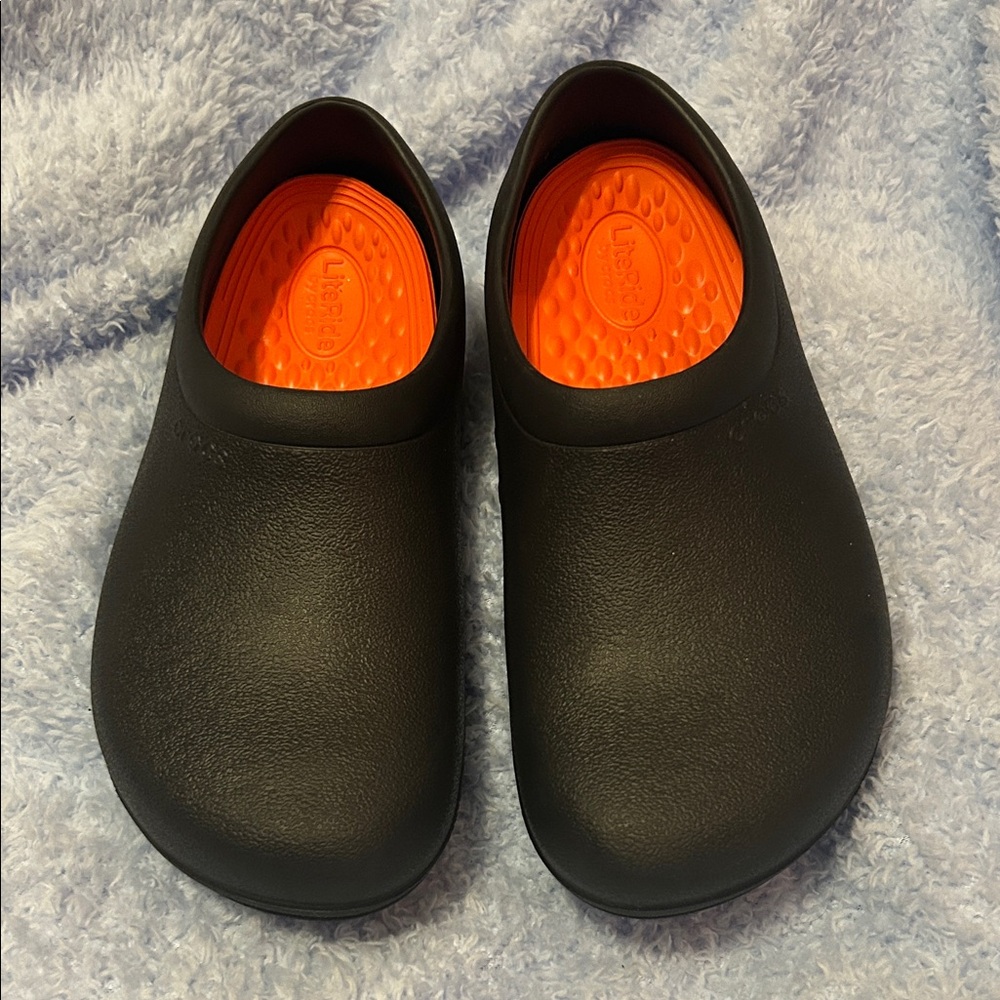 CROCS Black and Orange Slippers/Clogs